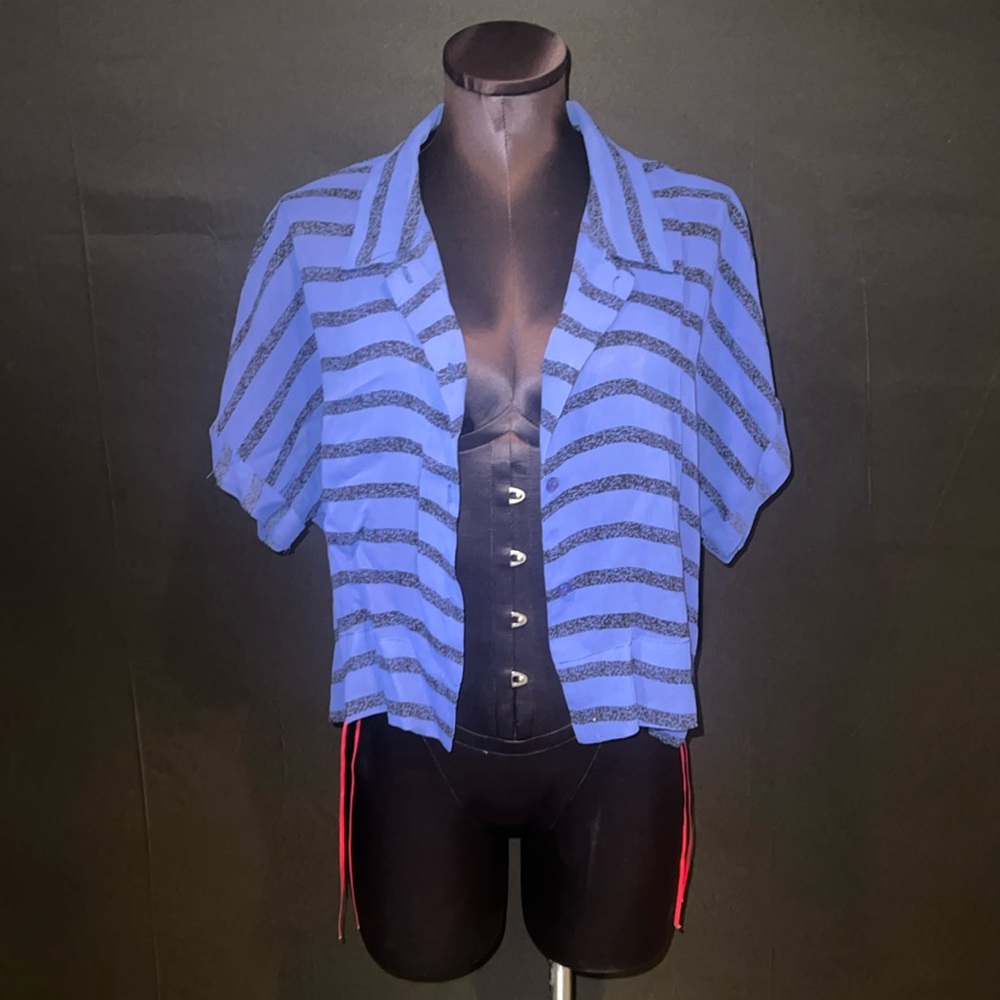 Aqua chiffon blue and black striped collared button crop top.